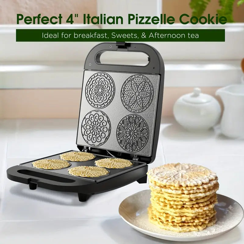 Electric Pizzelle Maker Machine - 4x4 Inch Nonstick Cookie Press with 4-Button Controls, 1000W Fast Heating, 20-25mm Deep Frying Pan, Durable PP Material for Holiday & Party Baking