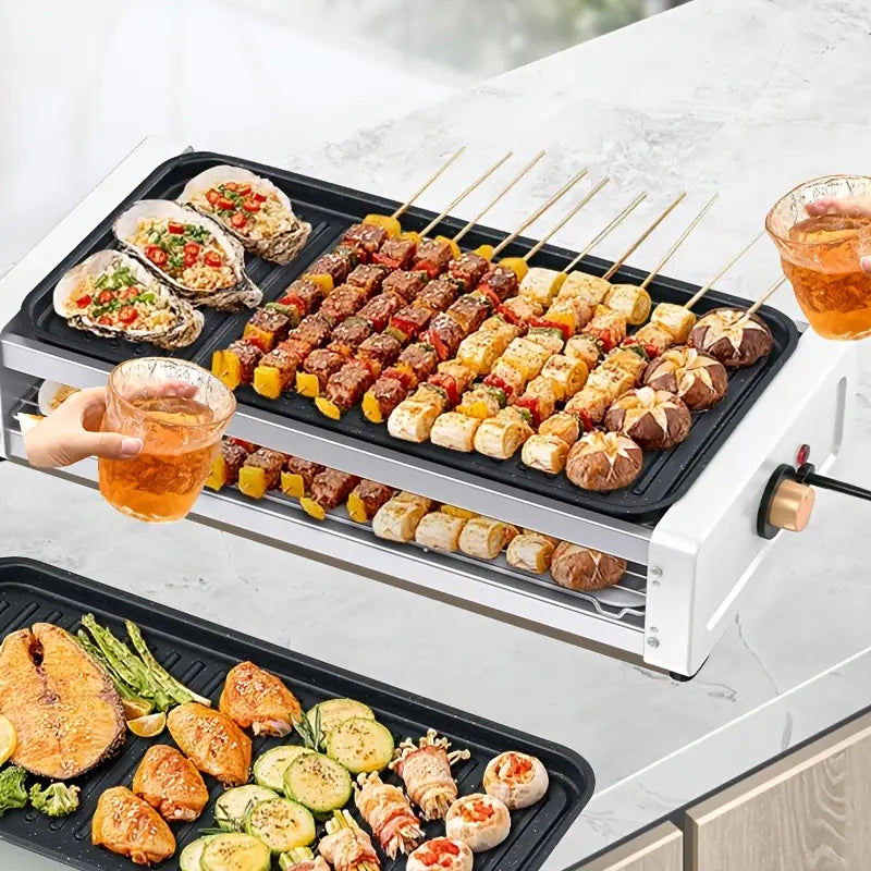 Double-layer Indoor Electric Grill With 4/8 Cheese Plates, Smokeless, Kitchen Indoor Grill With Removable Plates For Non-stick Cooking, Portable Grill With Removable Temperature Control, Washable, 1700W, Suitable For Family Dinners, Indoor Grilling