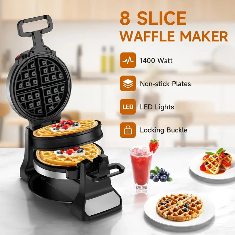 Professional Belgian Waffle Maker - Dual Cooking Plates with 180° Rotating Flip, Nonstick Surfaces, Removable Drip Tray, Locking Buckle & Cool-Touch Handle - Heavy-Duty Stainless Steel Construction - Makes 8-Slice Waffles