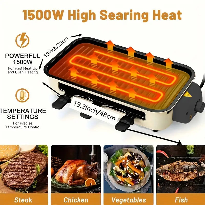 Indoor Smokeless Electric Grill - Non-Stick Grill with Removable Plates & Temperature Control Knob, Portable Indoor Grill with U-Tube Heating, Dishwasher Safe, Heavy-Duty Iron Construction, 1500W Fast Heating, for BBQ, Grilling, Family Gatherings