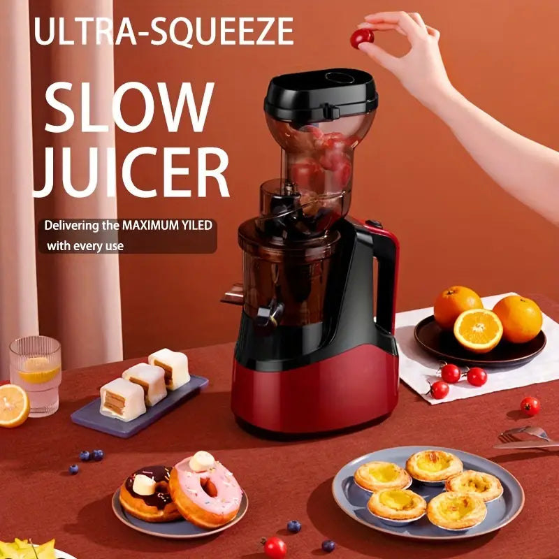 Hilton Slow Juicer - Cold Press Masticating Juicer with Detachable Residue, 110V, 50.72oz Capacity, Food-Grade Plastic, Orange & Black Design for Fresh Fruit & Vegetable Juice, Smoothies, Desserts, Kitchen Appliance, Modern Kitchenware, Easyclean Material