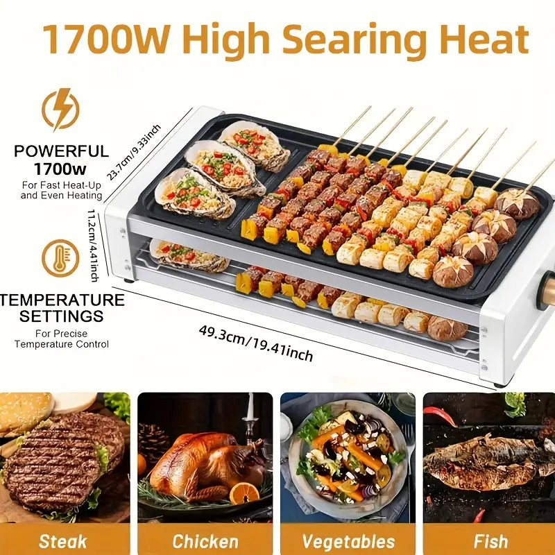 Double-layer Indoor Electric Grill With 4/8 Cheese Plates, Smokeless, Kitchen Indoor Grill With Removable Plates For Non-stick Cooking, Portable Grill With Removable Temperature Control, Washable, 1700W, Suitable For Family Dinners, Indoor Grilling