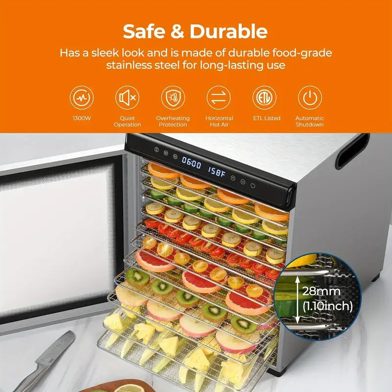 Food Dehydrator Machine, 12 Stainless Steel Food Dryer, 1300W Dehydrators for Food and Jerky, Herbs, Meat, Fruit, Dog Treats, 72H Timer and Temperature Control, Recipes Book Included