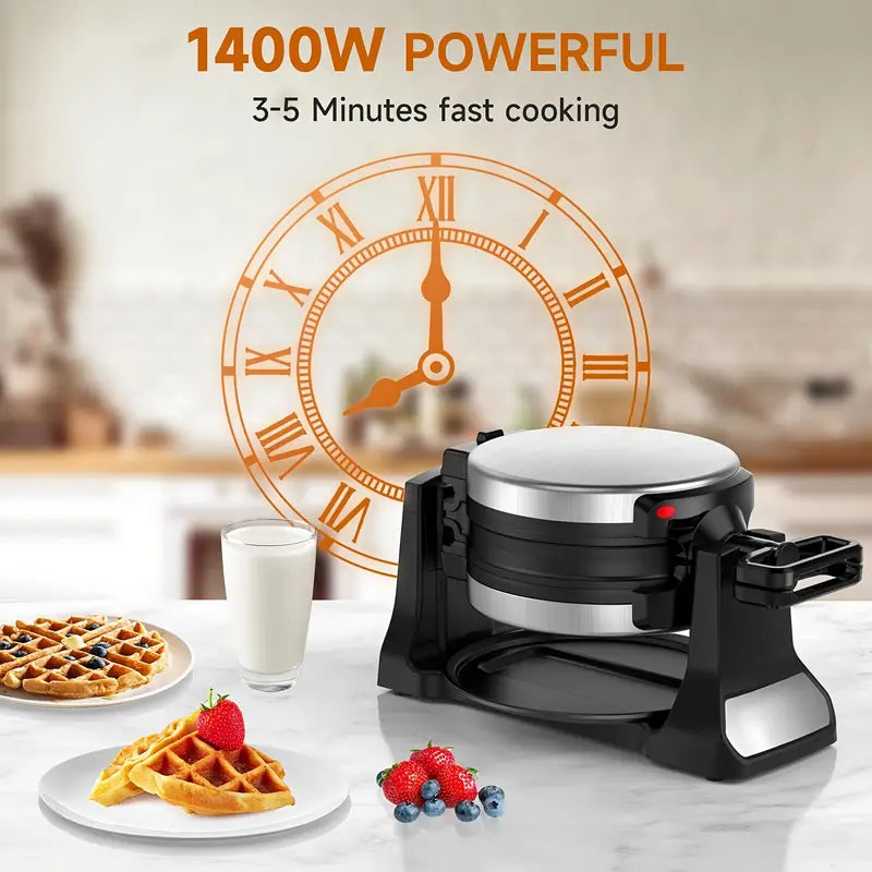 Professional Belgian Waffle Maker - Dual Cooking Plates with 180° Rotating Flip, Nonstick Surfaces, Removable Drip Tray, Locking Buckle & Cool-Touch Handle - Heavy-Duty Stainless Steel Construction - Makes 8-Slice Waffles