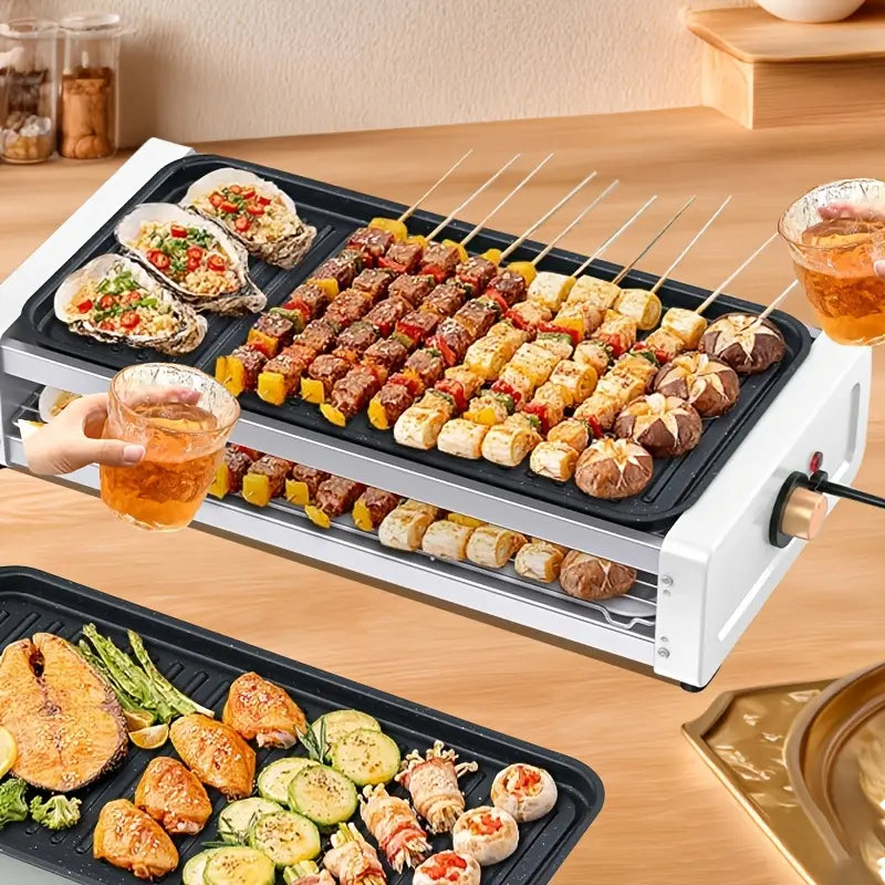 Double-layer Indoor Electric Grill With 4/8 Cheese Plates, Smokeless, Kitchen Indoor Grill With Removable Plates For Non-stick Cooking, Portable Grill With Removable Temperature Control, Washable, 1700W, Suitable For Family Dinners, Indoor Grilling