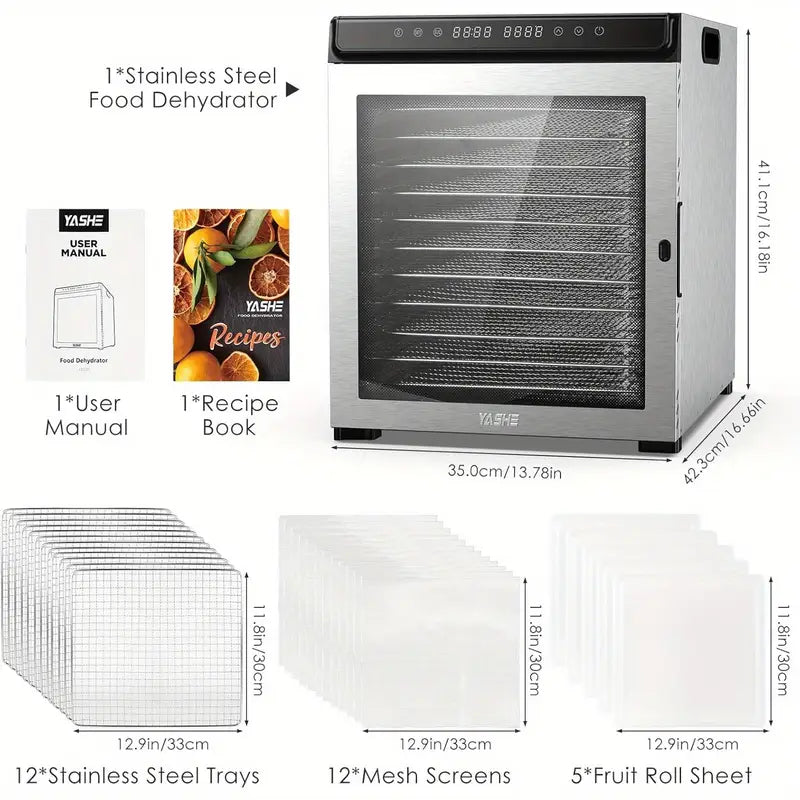 Food Dehydrator Machine, 12 Stainless Steel Food Dryer, 1300W Dehydrators for Food and Jerky, Herbs, Meat, Fruit, Dog Treats, 72H Timer and Temperature Control, Recipes Book Included
