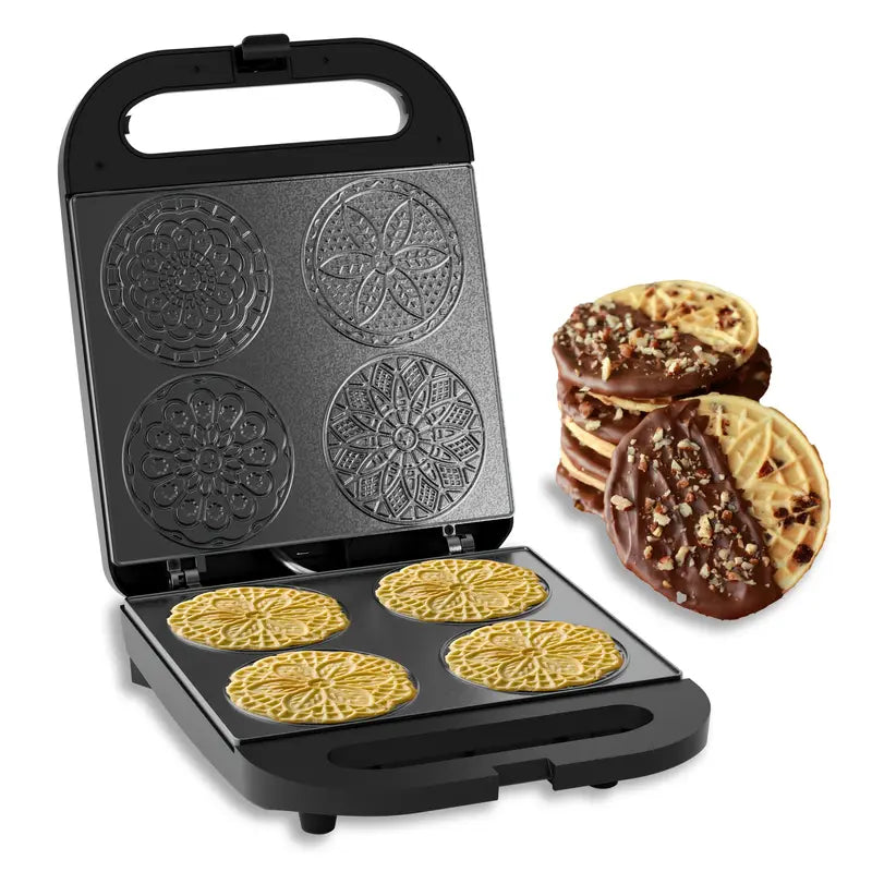Electric Pizzelle Maker Machine - 4x4 Inch Nonstick Cookie Press with 4-Button Controls, 1000W Fast Heating, 20-25mm Deep Frying Pan, Durable PP Material for Holiday & Party Baking