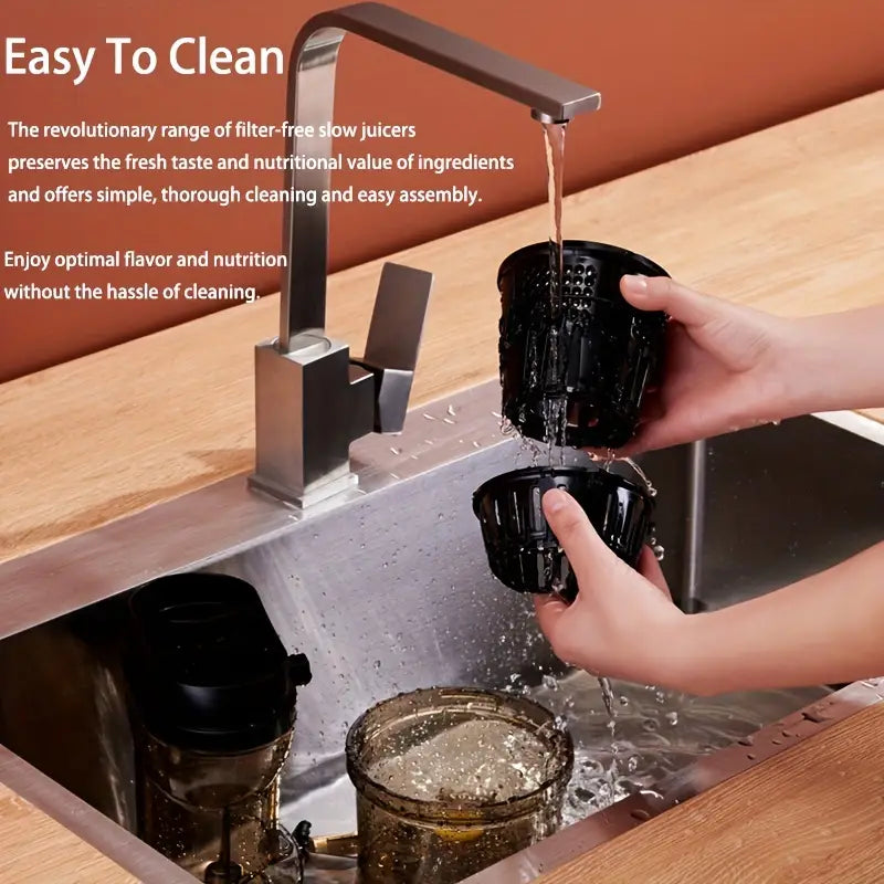 Hilton Slow Juicer - Cold Press Masticating Juicer with Detachable Residue, 110V, 50.72oz Capacity, Food-Grade Plastic, Orange & Black Design for Fresh Fruit & Vegetable Juice, Smoothies, Desserts, Kitchen Appliance, Modern Kitchenware, Easyclean Material