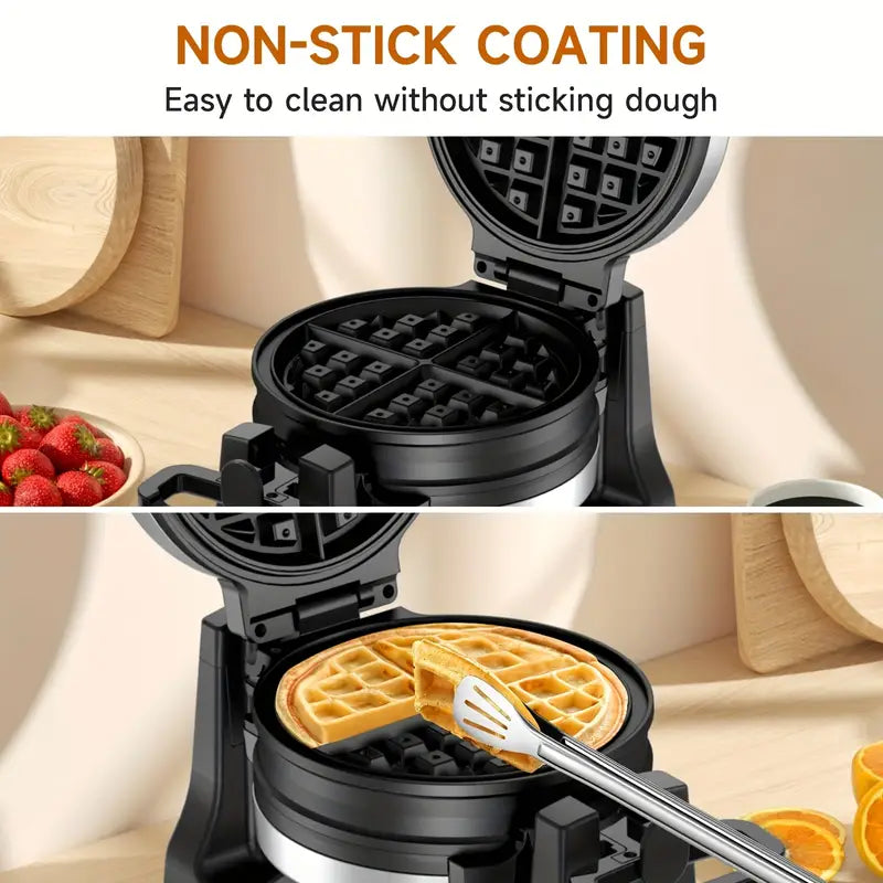Professional Belgian Waffle Maker - Dual Cooking Plates with 180° Rotating Flip, Nonstick Surfaces, Removable Drip Tray, Locking Buckle & Cool-Touch Handle - Heavy-Duty Stainless Steel Construction - Makes 8-Slice Waffles