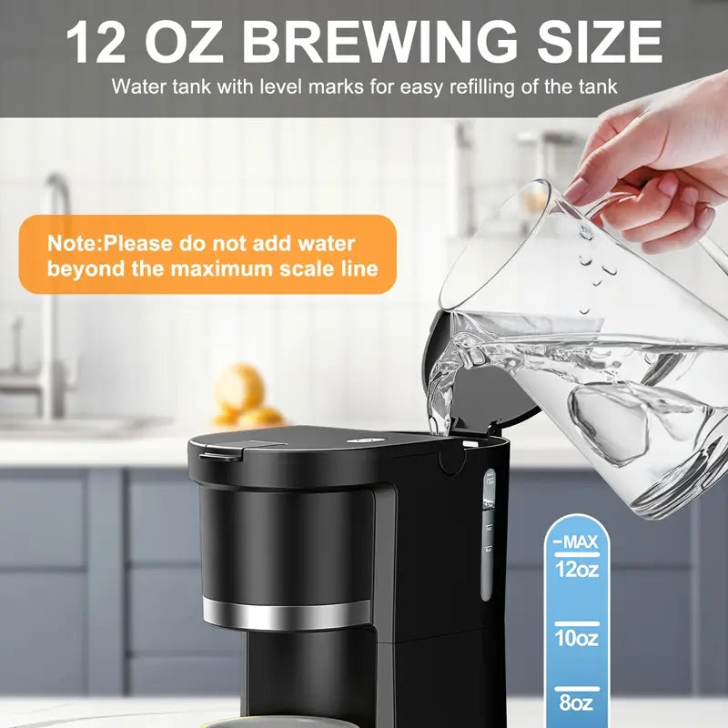 Single Serve Coffee Maker for K-Cup Pods & Ground Coffee - 6-12oz Fast Brew Machine with Auto Shut-Off, Descaling Alert & Water Level Window - Compact Black Design for Home, Office, Dorm, Home Brewing, Stylish Brewer, Efficient Brewing, Office Workers