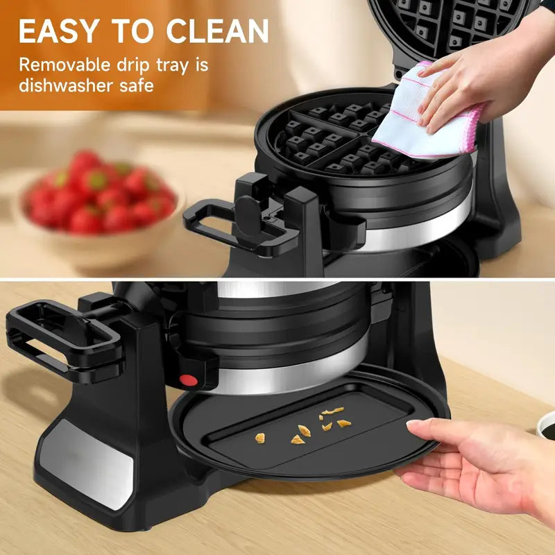 Professional Belgian Waffle Maker - Dual Cooking Plates with 180° Rotating Flip, Nonstick Surfaces, Removable Drip Tray, Locking Buckle & Cool-Touch Handle - Heavy-Duty Stainless Steel Construction - Makes 8-Slice Waffles