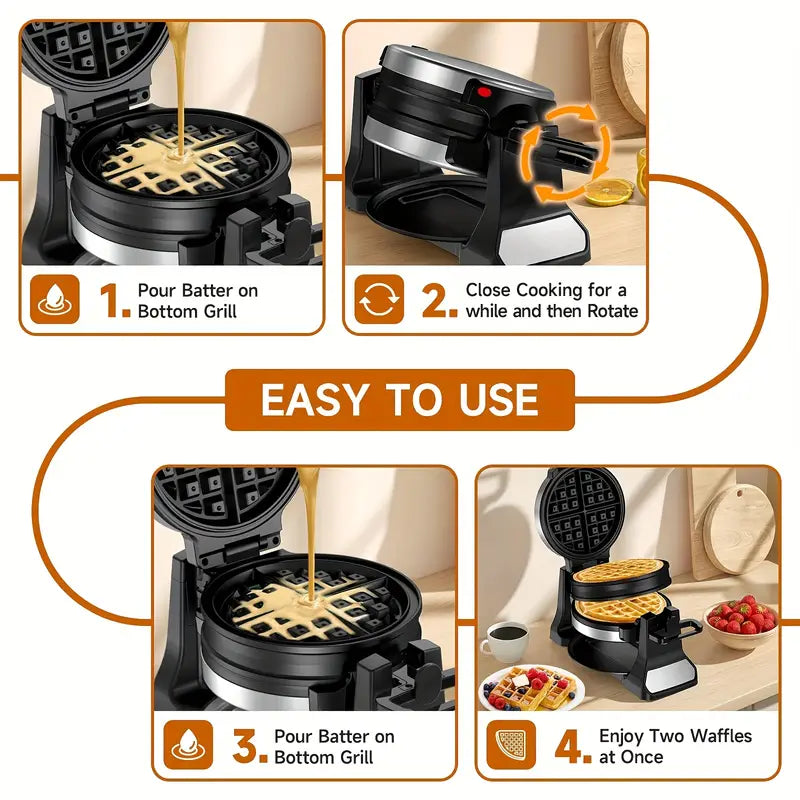 Professional Belgian Waffle Maker - Dual Cooking Plates with 180° Rotating Flip, Nonstick Surfaces, Removable Drip Tray, Locking Buckle & Cool-Touch Handle - Heavy-Duty Stainless Steel Construction - Makes 8-Slice Waffles