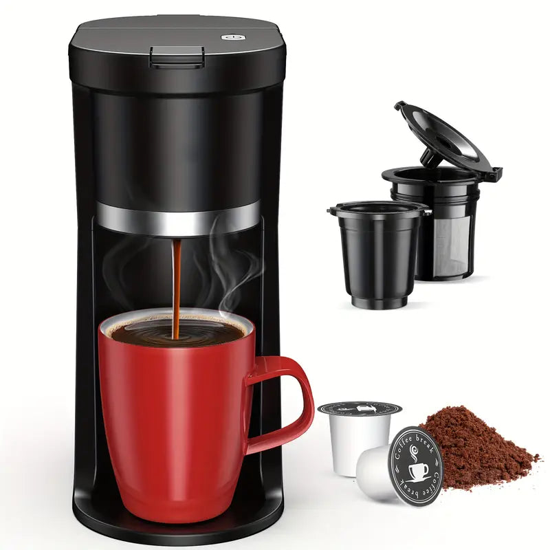 Single Serve Coffee Maker for K-Cup Pods & Ground Coffee - 6-12oz Fast Brew Machine with Auto Shut-Off, Descaling Alert & Water Level Window - Compact Black Design for Home, Office, Dorm, Home Brewing, Stylish Brewer, Efficient Brewing, Office Workers