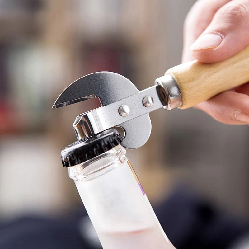 5pcs Best Cans Opener Safety Easy Stainless Steel Manual Professional Bottle Openers Wooden Handle Jar Opener Kitchen Accessories. father gift