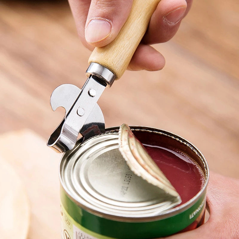 5pcs Best Cans Opener Safety Easy Stainless Steel Manual Professional Bottle Openers Wooden Handle Jar Opener Kitchen Accessories. father gift