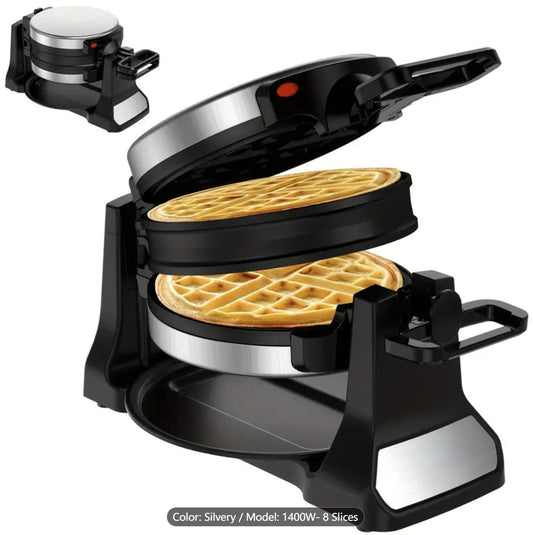 Professional Belgian Waffle Maker - Dual Cooking Plates with 180° Rotating Flip, Nonstick Surfaces, Removable Drip Tray, Locking Buckle & Cool-Touch Handle - Heavy-Duty Stainless Steel Construction - Makes 8-Slice Waffles