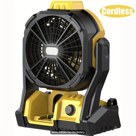 for Dewalt-Compatible Cordless Jobsite Fan with LED Light, Portable 20V Battery-Powered Fan, Adjustable Speed, Auto Oscillating, Hanging Hook, Compact for Camping, Garage, RV, Travel -Yellow/Black (Tool Only)