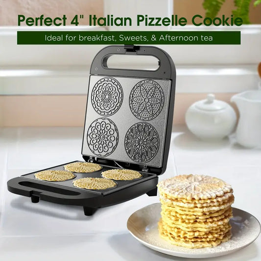 Electric Pizzelle Maker Machine - 4x4 Inch Nonstick Cookie Press with 4-Button Controls, 1000W Fast Heating, 20-25mm Deep Frying Pan, Durable PP Material for Holiday & Party Baking