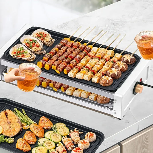 Double-layer Indoor Electric Grill With 4/8 Cheese Plates, Smokeless, Kitchen Indoor Grill With Removable Plates For Non-stick Cooking, Portable Grill With Removable Temperature Control, Washable, 1700W, Suitable For Family Dinners, Indoor Grilling