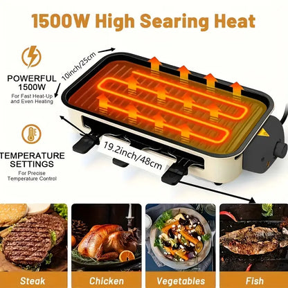 Indoor Smokeless Electric Grill - Non-Stick Grill with Removable Plates & Temperature Control Knob, Portable Indoor Grill with U-Tube Heating, Dishwasher Safe, Heavy-Duty Iron Construction, 1500W Fast Heating, for BBQ, Grilling, Family Gatherings