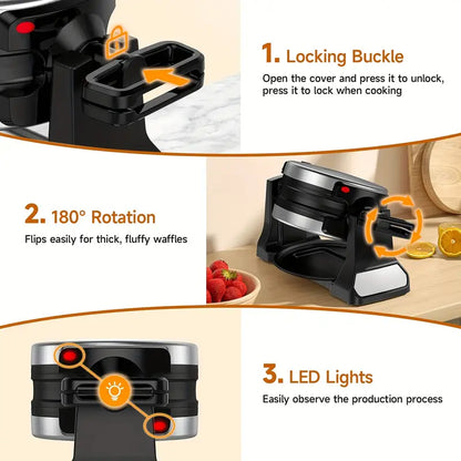 Professional Belgian Waffle Maker - Dual Cooking Plates with 180° Rotating Flip, Nonstick Surfaces, Removable Drip Tray, Locking Buckle & Cool-Touch Handle - Heavy-Duty Stainless Steel Construction - Makes 8-Slice Waffles