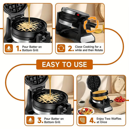 Professional Belgian Waffle Maker - Dual Cooking Plates with 180° Rotating Flip, Nonstick Surfaces, Removable Drip Tray, Locking Buckle & Cool-Touch Handle - Heavy-Duty Stainless Steel Construction - Makes 8-Slice Waffles